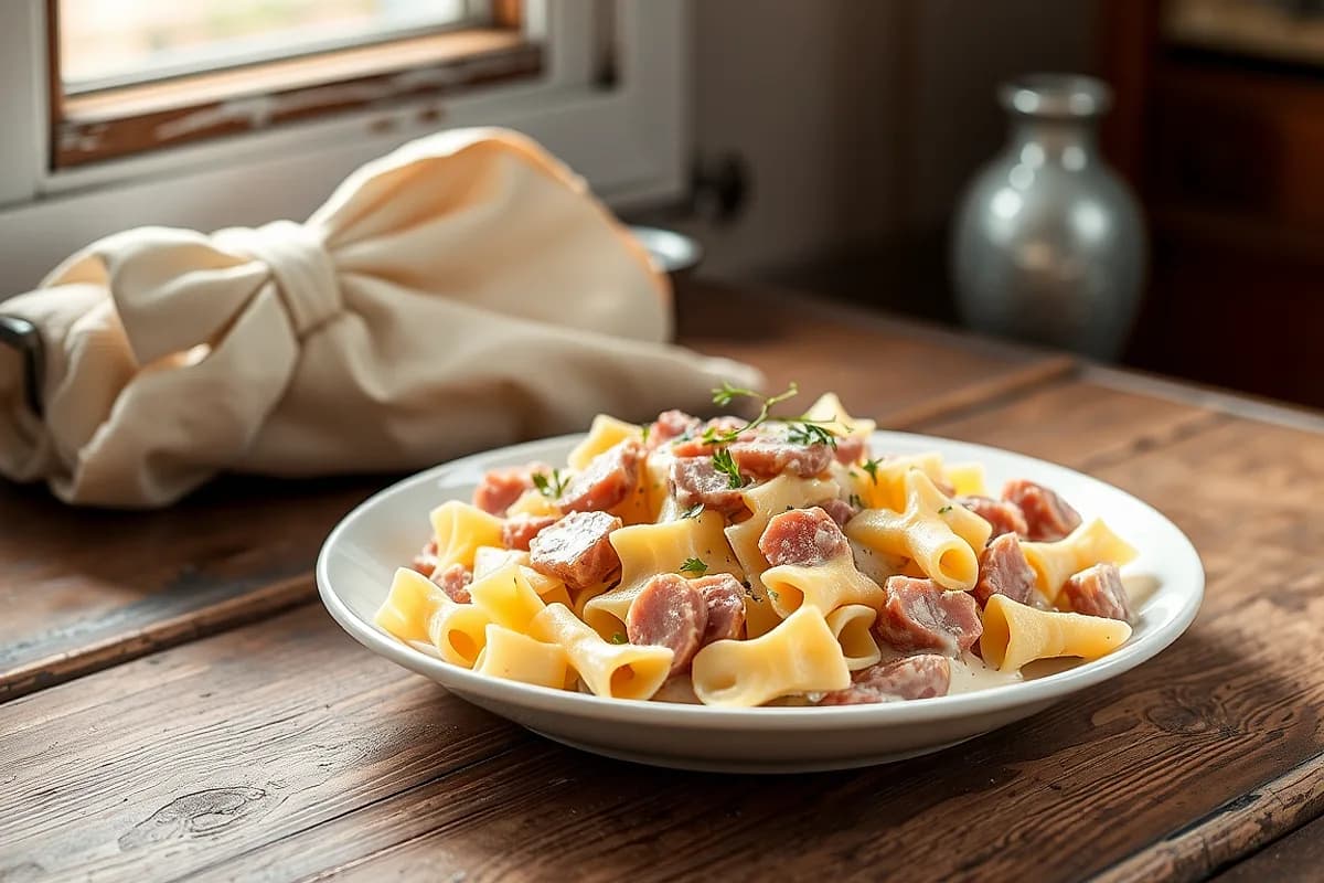 Bow-Tie Pasta with Ham in White Sauce